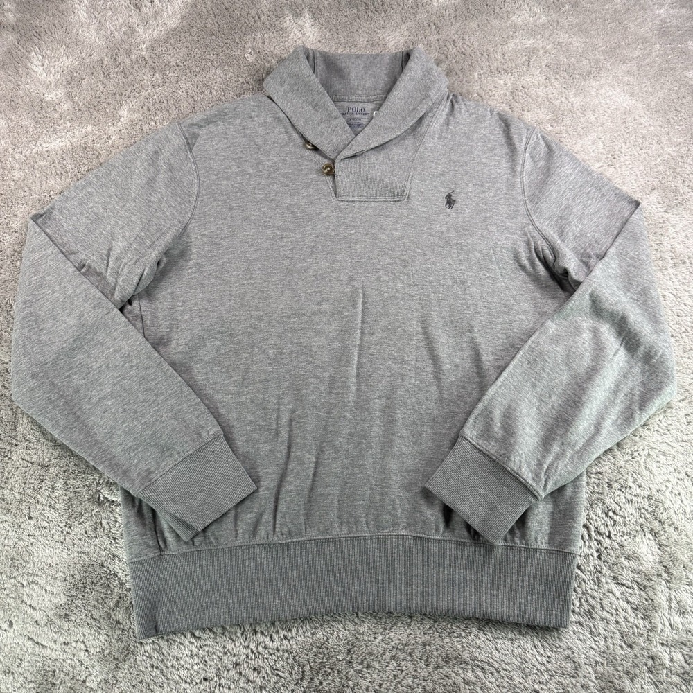 Polo Ralph Lauren Mens M Gray Shawl Collar Pullover Sweater Cotton Blend Pony